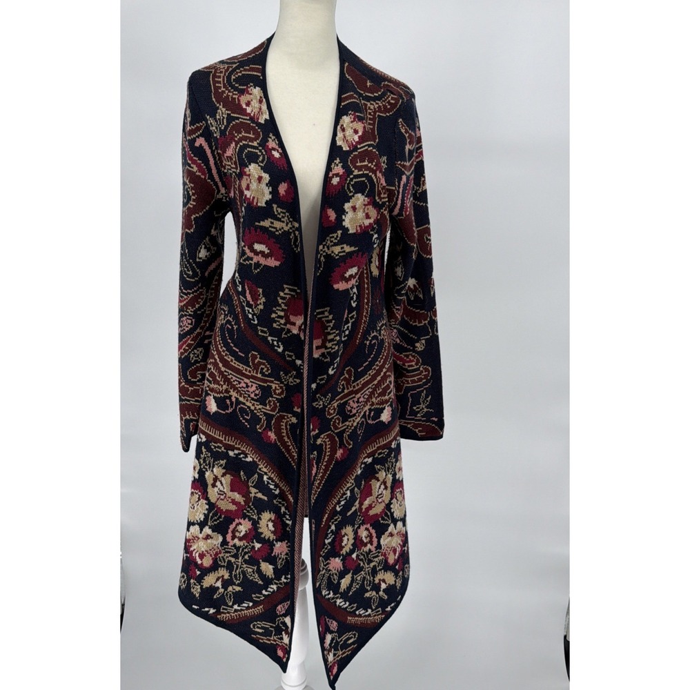 Vertigo Paris Paisley Floral Navy Berry Long Cardigan Sweater Size S Preowned